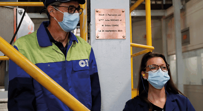 The furnace's Godparents are Julie Rochas, of customer Pernod Ricard, and Gilles Combe, the plant’s Continuous Improvement Manager.