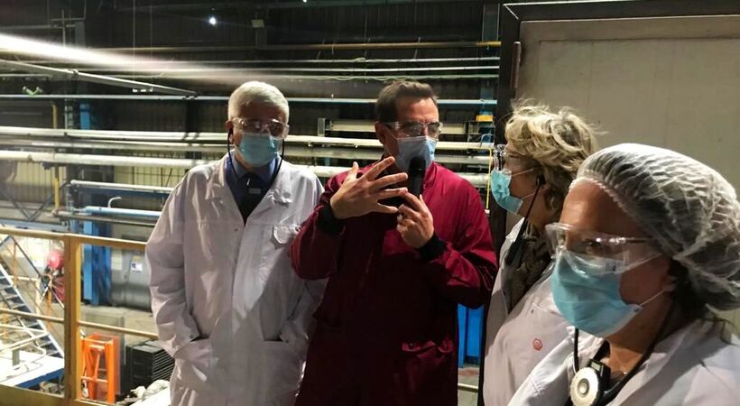 President of the Normandy region Herve Morin with Pochet du Courval plant workers on 18th November 2020.