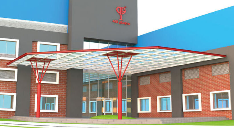 A concept image of the front of the AGI glaspac office at its clear glass plant in Bhongir, scheduled yo open in January 2022.
