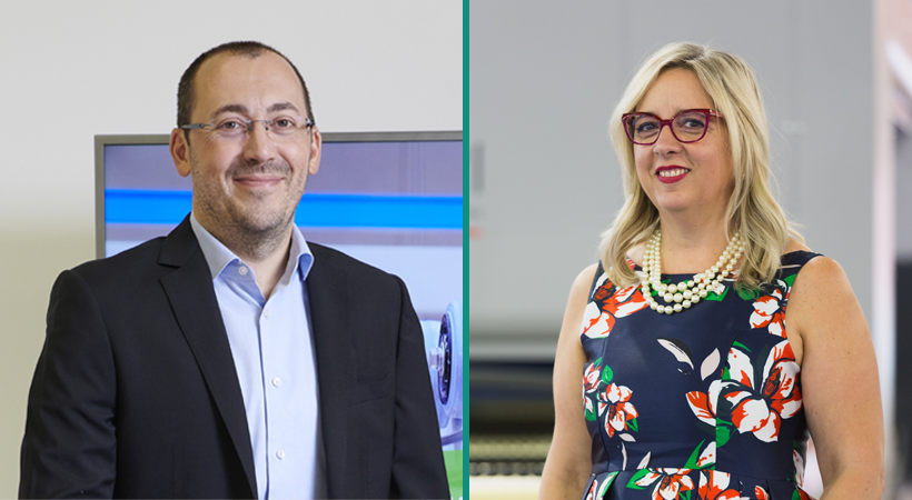 Deputy Vice President Nicola Lattuada (left) and Vice President for Flat Glass Nancy Mammaro (right).