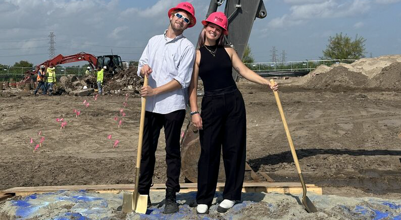 Glass Half Full co-founders Franziska Trautmann and Max Steitz breaking ground on their glass recycling facility in Louisiana, USA..